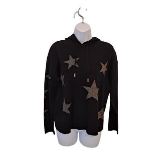 Calligraphy Hooded Sweater Women's Size M Black Gold Stars